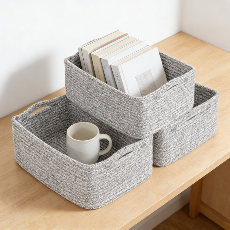 Woven Rope Storage Baskets 3-Pack, Collapsible Organizer Bins For Shelves, Closet, And Home Organization, Rectangular Decorative Baskets For Towels, Toys, And Essentials