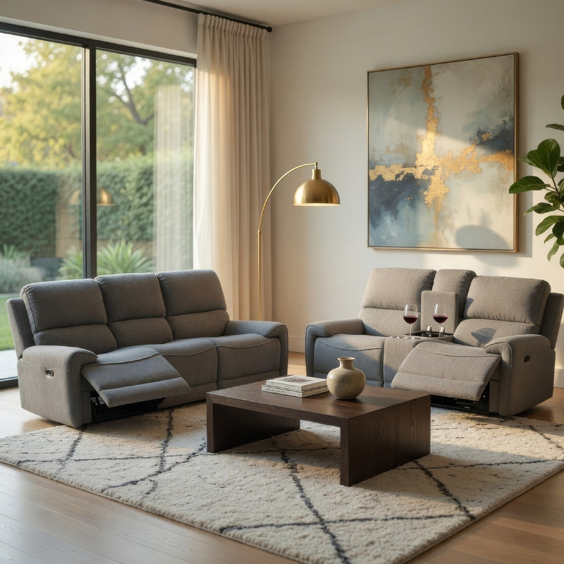 Cote 2Pc Power Recliner Sofa And Loveseat Set W USB, Console, Gray Boucle