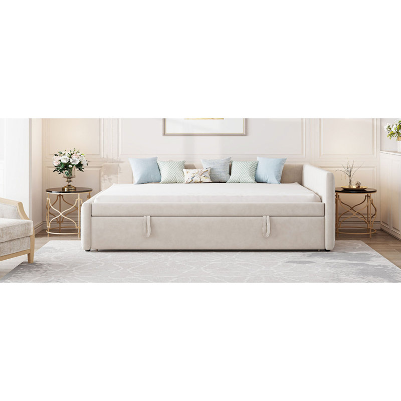 Lit de jour double rembourré en L avec lit gigogne escamotable, beige