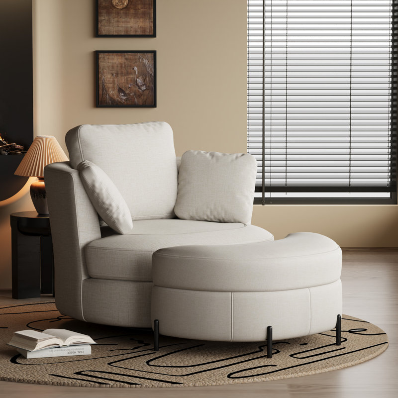 Ensemble de fauteuil d'appoint, fauteuil demi-tonneau pivotant à 360 ° et repose-pieds avec rangement, Beige