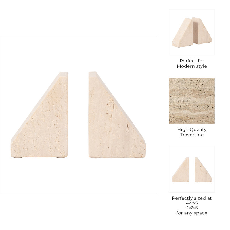 Elegant Travertine Stone Triangle Bookends, Tan Color, Perfect for Home Decor and Organization, Set