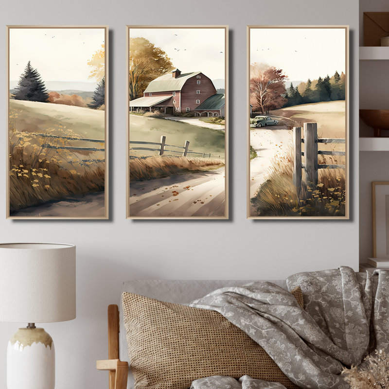 Chemin vers la grange IV - ensemble d'art mural sur toile, Cadre naturel flottant, H 32 po x l 48 po x P 1 po