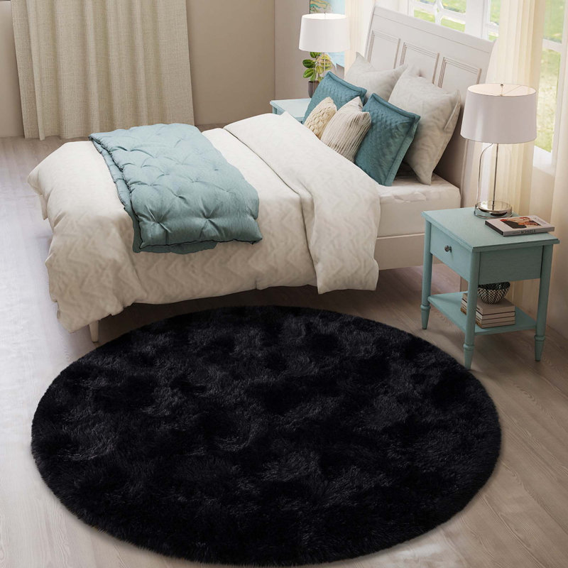 Black Round Shag Rug Non-slip Long-Pile Round Rug 5 ft Silk-Blend Rug Round Shag Rug Perfect for Teen Rooms Suitable for Bedrooms Suitable for Living Rooms Antibacterial Durable Material