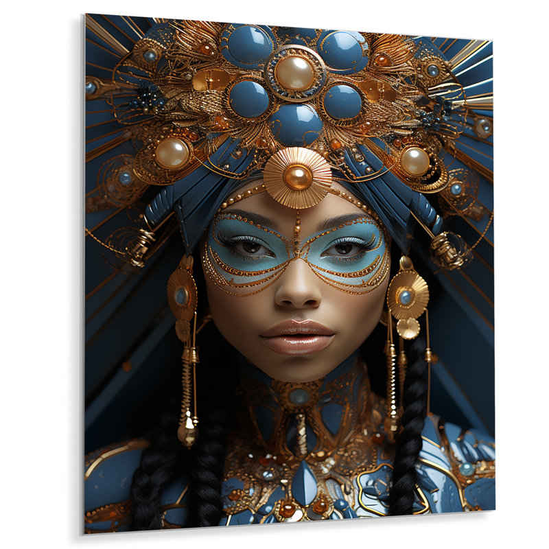 Gold And Blue Queen Of Style Woman III - Goddess Metal Wall Art, 32" H x 16" W x 1" D