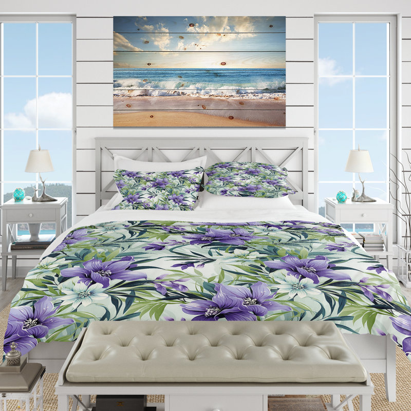 Ensemble de housse de couette à motif floral - Serenade de bambou vert mauve à motif tropical II