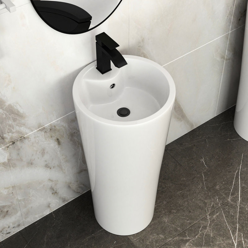 Lavabo sur pied classique en céramique blanche de 15 pouces, espace pour les salles de bain compactes, lisse, anti-débordement, rénovation historique dans les petites salles de bain, céramique haute température, finition sans joint, standard