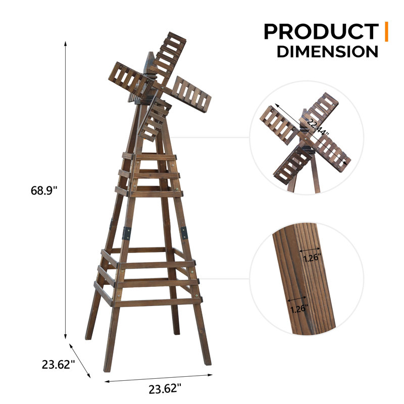 Wood Windmill Backyard Garden Decoration, 68.9''H x 23.62''W x 23.62''D, Tan