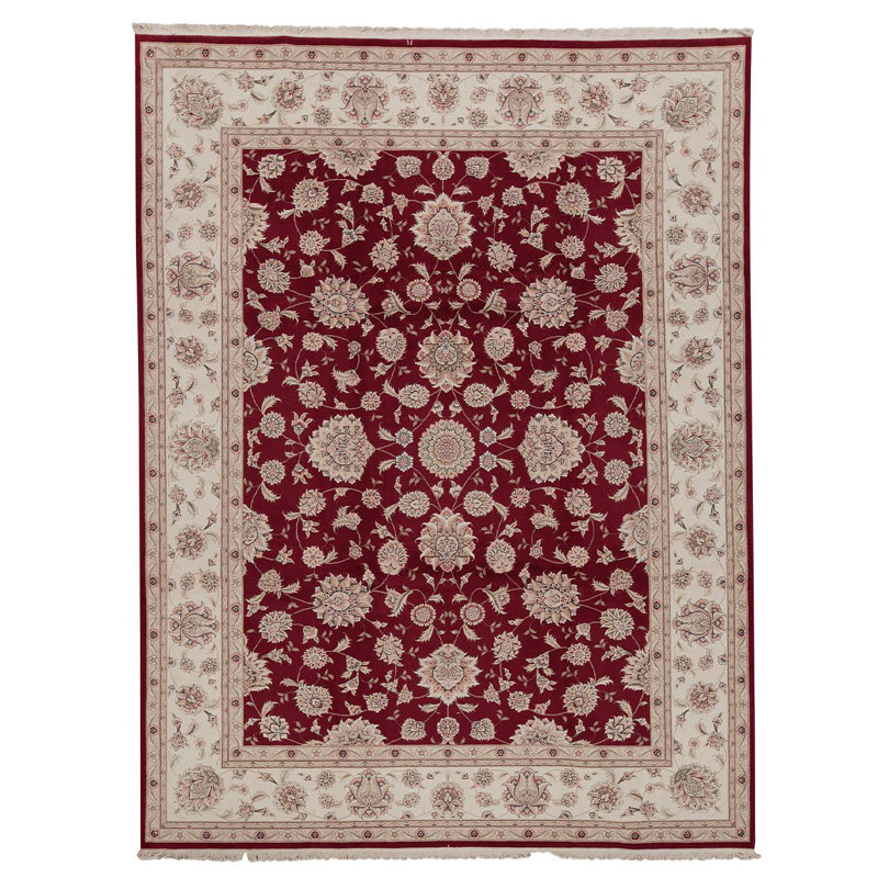 Tapis gris / rouge en laine noué à la main de conception unique 9 pi x 12 pi