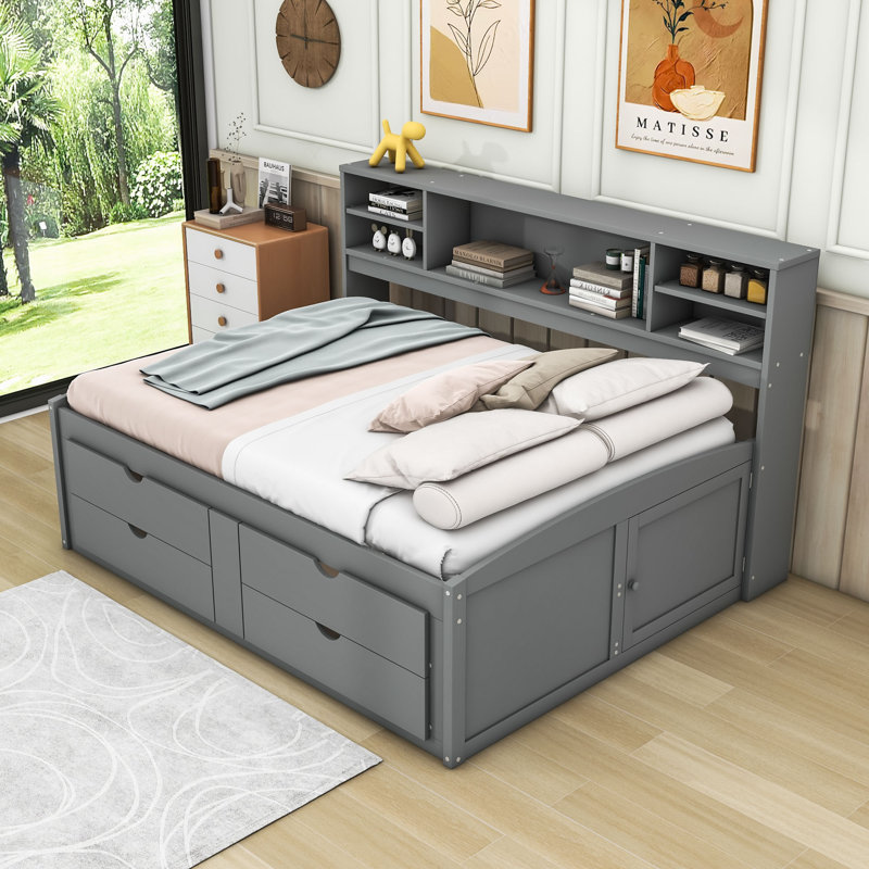Pirley Wood Full Daybed with 2 Bedside Cabinets, Upper Shelves and 4 Drawers, Gray