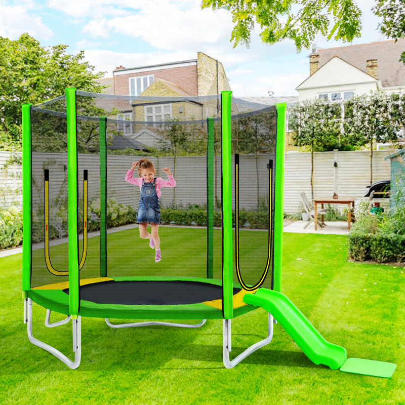 Trampoline with Safety Enclosure Net, Slide and Ladder Recreational Trampoline, Green