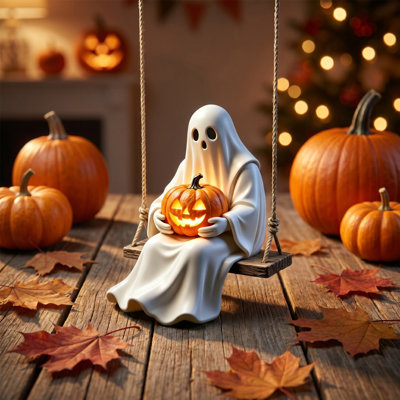 Ghost Holding Pumpkin Ornament  Cute Halloween Resin Ghost Statue Decor  Fall  Indoor Outdoor Door Tree Hanging Decoration