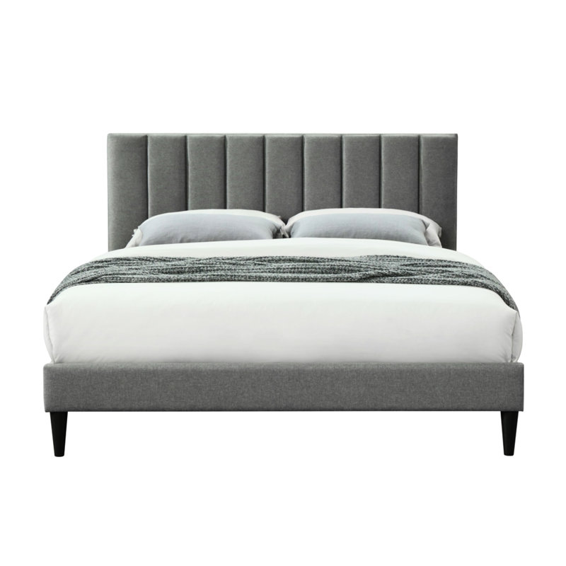 Grand lit lié dans une boîte, tête de lit en tissu gris, H 42,77 po x P 83,8 po, l 63,22 po, boîte d'attributs 72 lb avec amalgamation, l 64 po H 42,5 po, dévoilement