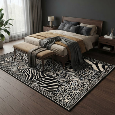 Tapis patchwork imprimé animal « ultra fin » 152 x 213 cm, doux et à poils courts, avec envers antidérapant en silicone, idéal pour le salon, la chambre, le bureau et la salle familiale.