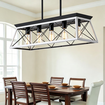 5-Light Farmhouse Pendant Light Fixture, Rustic Rectangular Chandelier for Dining Room, Kitchen Island Lighting, Adjustable Hanging Length, Graphite Iron Frame