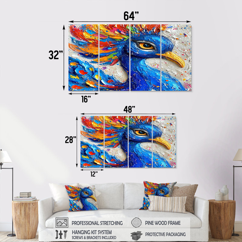 Peinture d'art sur bois, "Paon bleu" - 4 pièces, H 32 po x l 64 po
