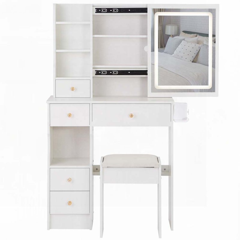 29.2" Small Size Left Drawer Desktop Vanity Table + Cushioned Stool, 2 AC+2 USB Power Station, Hair dryer bracket, Extra Large Touch Control Sliding LED Mirror, Tri-color Switching, Brightness Adjust