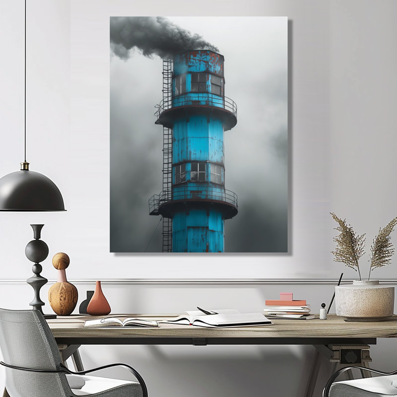 Monochromes bleu gris usine tour - usines murales salon d'art, Toile tendue, H 32 po x l 24 po x P 1 po