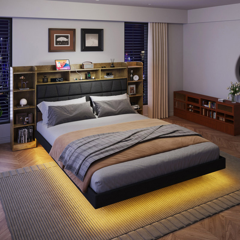 Floating Bed Frame With LED Light And Bookcase Storage Headboard