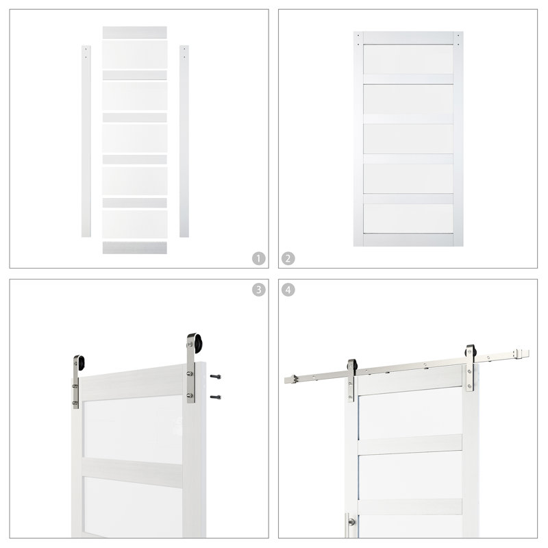 White 5-Panel Frosted Glass Sliding Barn Door with Hardware Kit