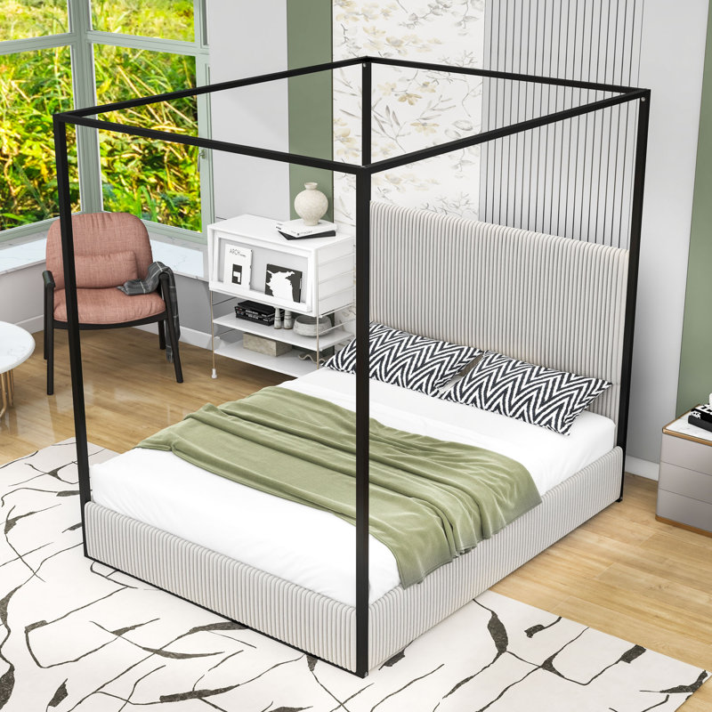 Lit à baldaquin avec tête de lit en velours côtelé moelleux et structure en métal robuste, Grand lit, Beige
