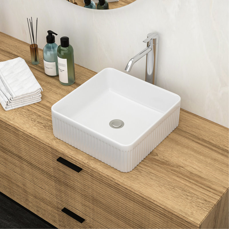 Lavabo vasque carré en céramique blanche 15,81 po x 15,81 po - Teinture, design contemporain pour la maison, le bureau, blanc moderne, lisse, restaurant, bâtiment