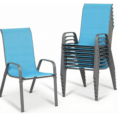 All-Weather Stackable Patio Chairs, Durable Textilene Fabric with Armrests, Sturdy Metal Frame, Ergonomic Quick-Dry Outdoor Dining Chairs for Backyard & Poolside(Sky Blue, 8pcs)