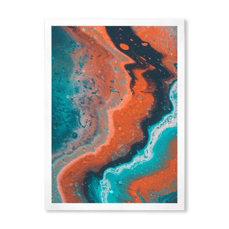 Composition abstraite de marbre en bleu et orange I - peinture sur toile, H 20 po x l 12 po x P 1po, Cadre blanc