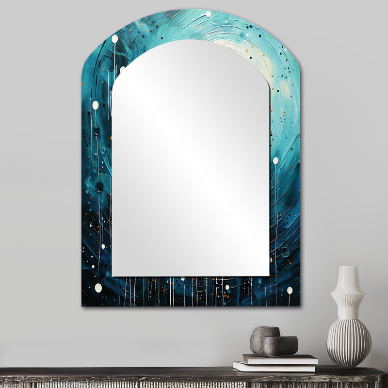 Bleu minimaliste lune II - grand miroir arche de minimalisme, décor de miroir mural unique asymétrique moderne, impression d'art en métal