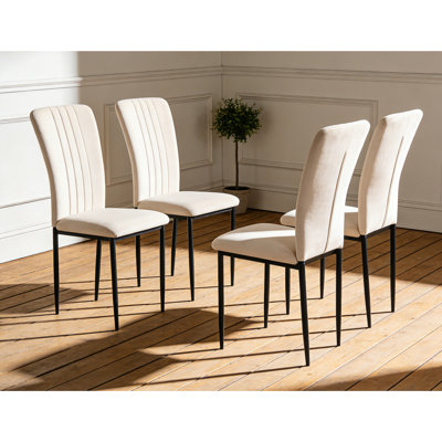 Beige Velvet Dining Chairs With Long Back, Set Of 4