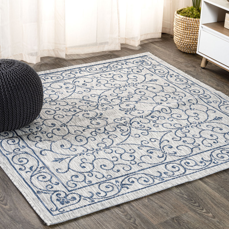 Hagerman Vintage Filigree Textured Weave Gray/Navy Indoor/Outdoor Rug, Square 7'9"