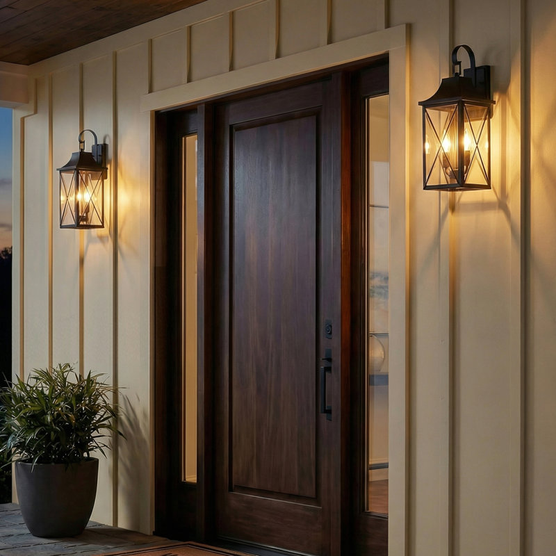 2-light Black Metal Outdoor Wall Lantern With Clear Glass Panels