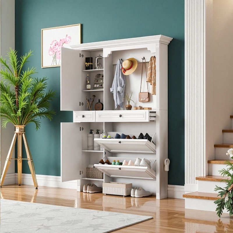 54.7" Entryway Hall Tree With Mirror, Shoe Storage Bench, 4 Flip Drawers, 2 Cabinets & Hooks,  Entry Organizer