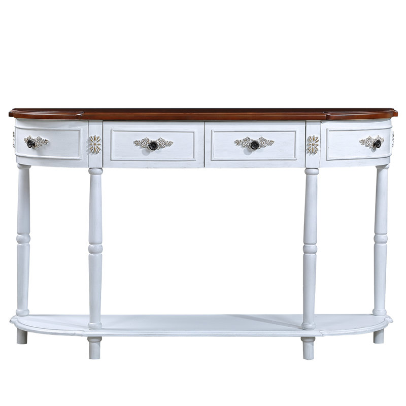 Retro Curved Wood Console Table, 52 Inch Circular Half Moon Sofa Table With Open Shelf And 2 Drawers, Solid Wood Entry Table For Living Room, Hallway