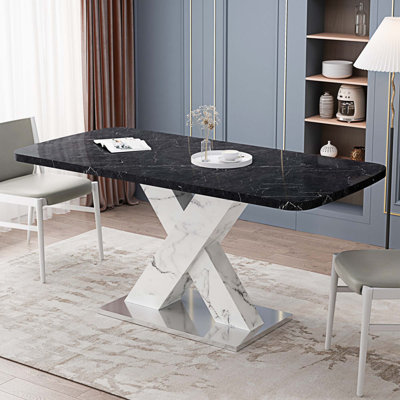 Table de salle à manger moderne extensible carrée avec plateau en marbre imprimé et pieds en MDF en X et base en métal