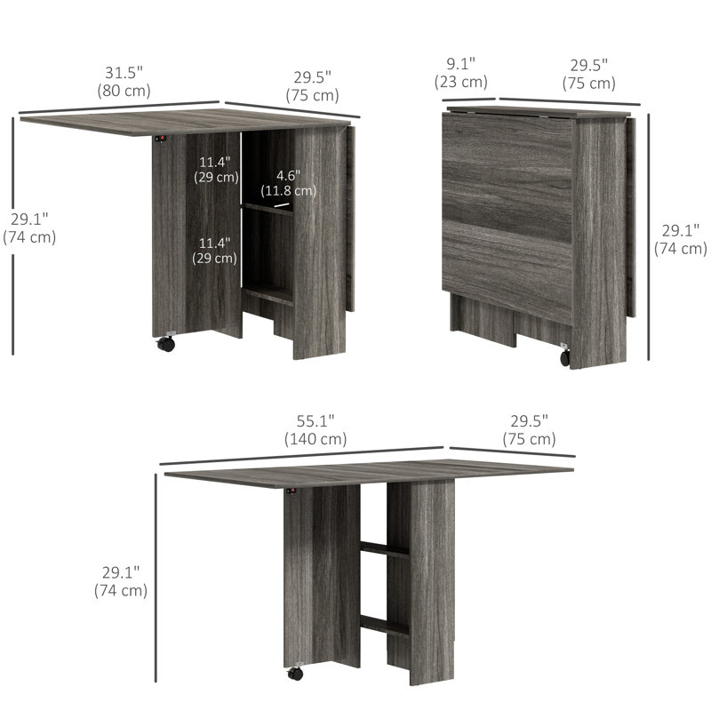 Table de salle à manger pliante et rabattable avec tablettes à 2 niveaux en bois gris