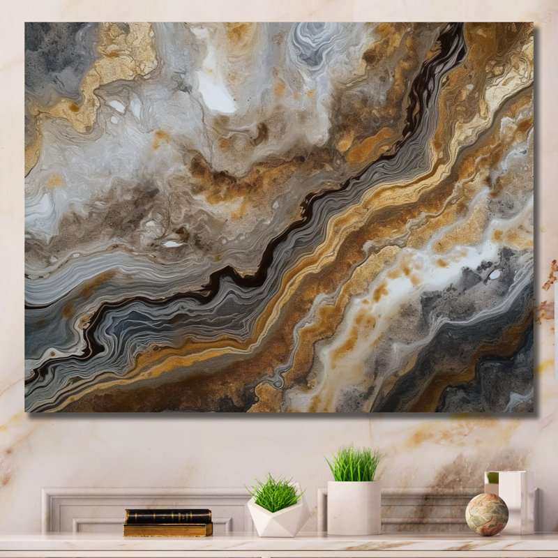 Or et gris, effet de marbre I - art mural abstrait en marbre, H 34 po x l 44 po x P 1,5 po, Toile tendue
