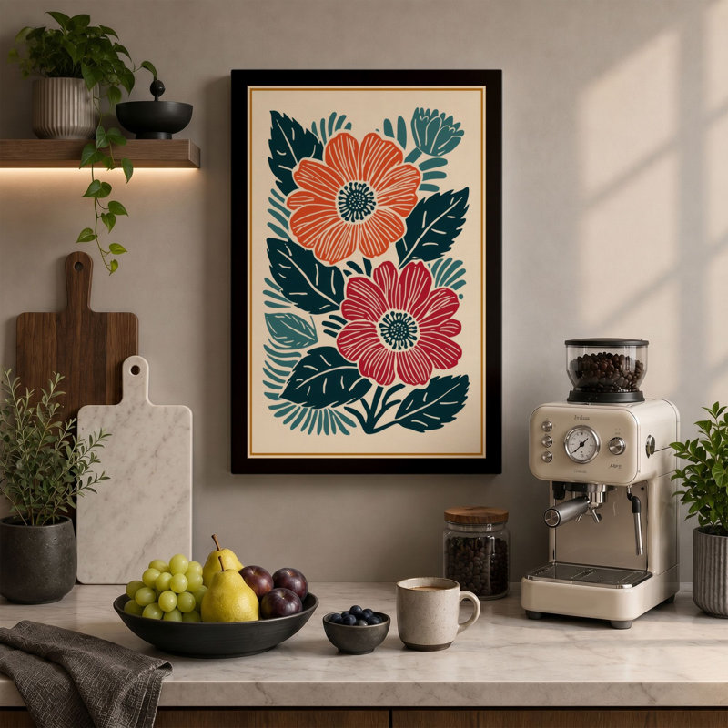 Three Gerberas in Bloom Botanical - Wrapped Canvas, 30x20 - 76.2 x 50.8 cm, Terracotta Border