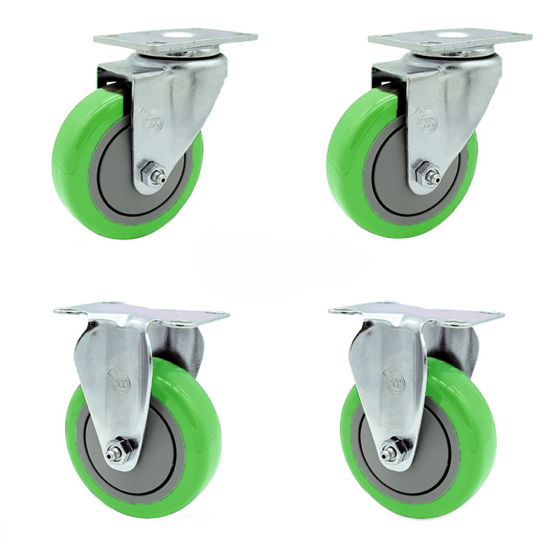 4 Inch Green Polyurethane Wheel Swivel Top Plate Caster Set with 2 Rigid SCC