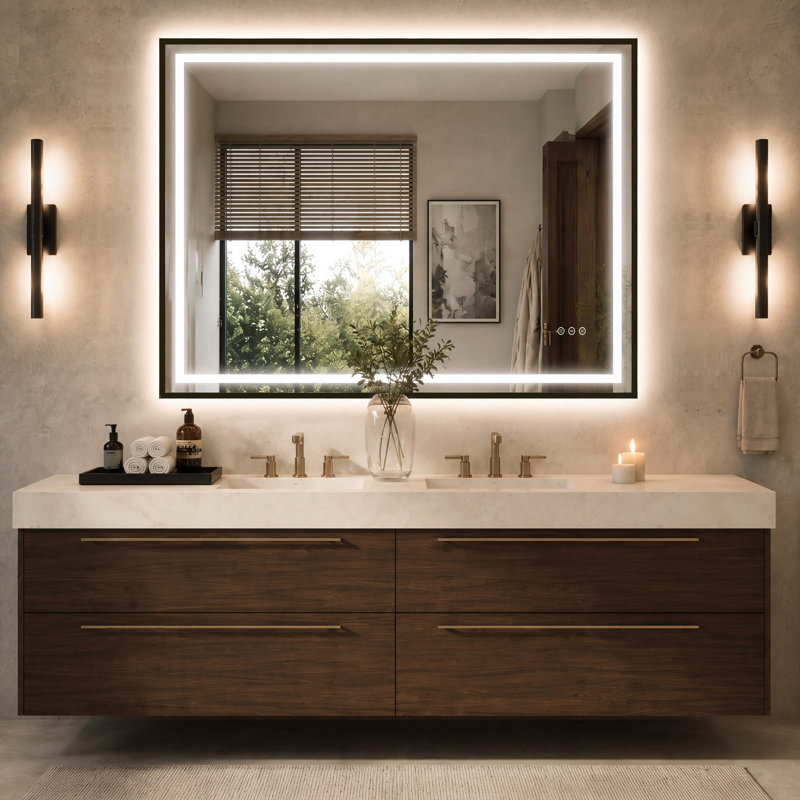 Miroir de salle de bain à cadre noir mat certifié UL / ETL avec éclairage avant et rétroéclairé, antibuée, 3 températures de couleur, gradation continue, fonction mémoire, verre trempé, fixation murale horizontale / verticale