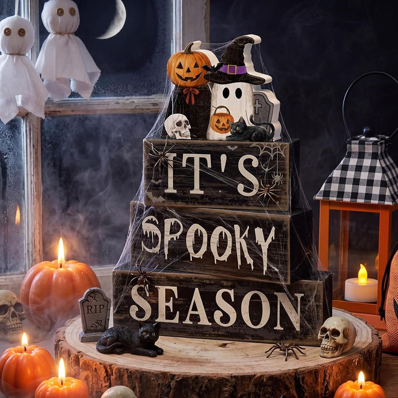 Ensemble de 4 panneaux décoratifs d'Halloween empilés, «It's Spooky Season» en bois avec citrouille, fantôme, crâne et chat, centre de table rustique à niveaux