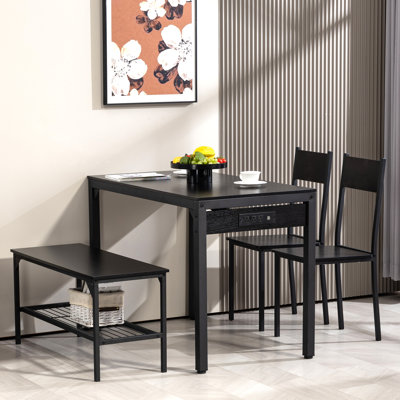  Ensemble de table de salle à manger 43,3 po pour 4 personnes avec lumières DEL et prise USB-C, table de cuisine moderne avec banc et 2 chaises, mobilier de salle à manger rectangulaire en métal pour petits espaces et appartements