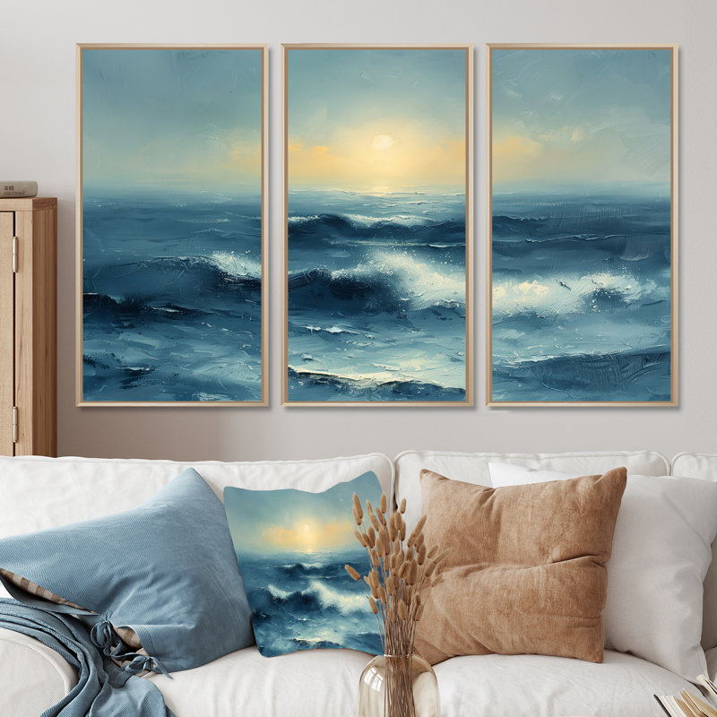 Ensemble de salon d'art mural blanc et bleu, Toile naturelle avec cadre flottant, H 40 po x l 60 po x P 1 po