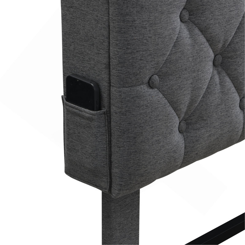 Structure de lit plateforme tapissier avec tête de lit moderne en tissu capitonné, ports USB, station de charge pratique, deux poches latérales, pas besoin de sommier