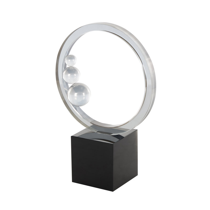 Sculpture abstraite Cole and Gray Glass Ring avec orbes transparents et base carrée noire
