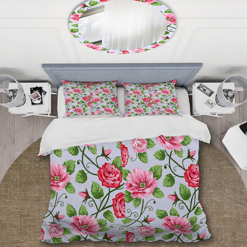 Fleurs roses et feuille verte - ensemble de housse de couette floral - microfibre de polyester