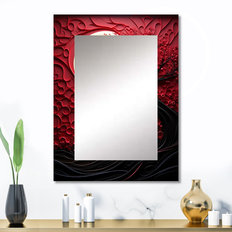 Red Moon Ruby Radiance - miroir mural lune, miroir décoratif rouge, impression d'art en métal, 32 po x 24 po