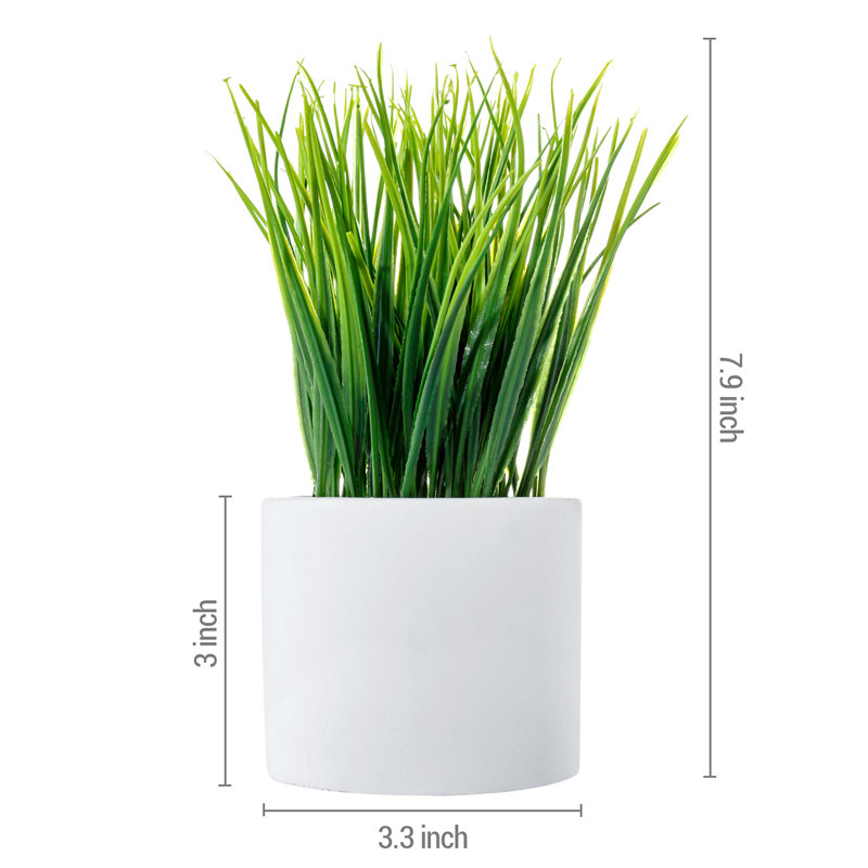 Set of 2 Faux Green Grass in White Cement Round Pots