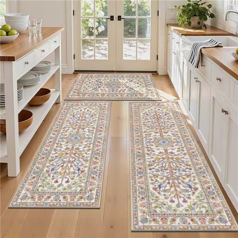 Machine Washable Non-Slip Kitchen Mat, Beige/Red/Yellow