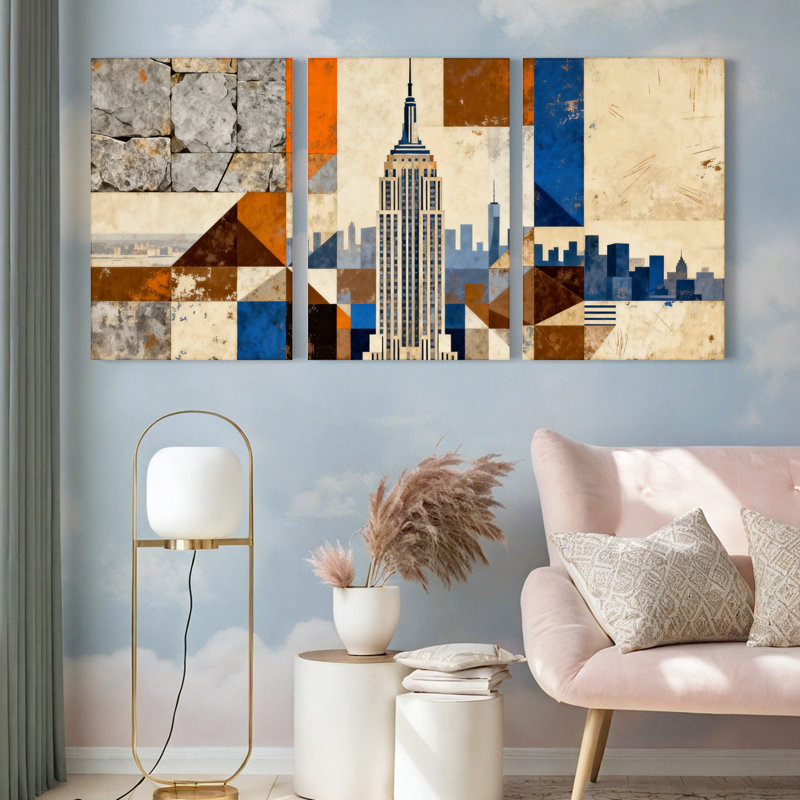 Tableau abstrait représentant un paysage urbain avec l'Empire State Building, imprimé sur toile (lot de 3), H 18 po x l 36 po
