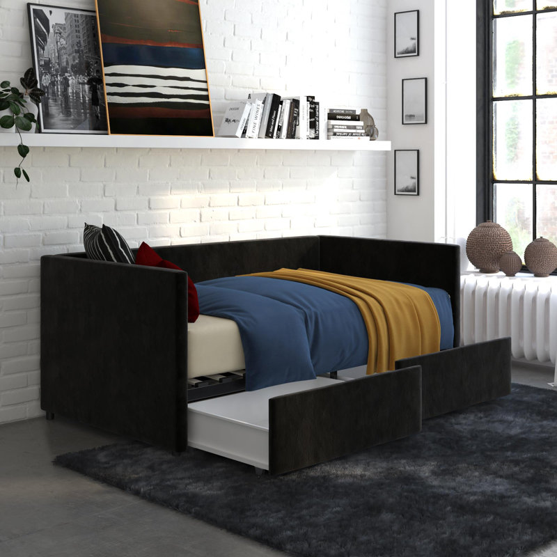 Dmitry Upholstered Daybed with Drawers, Black Velvet, Twin